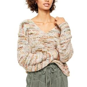 Free People Highland Chunky Knit Oversized V-Neck Mendocino Combo Sweater XS